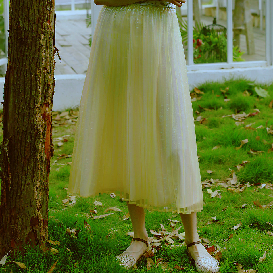 脸儿艺百褶半身裙森女暖黄色