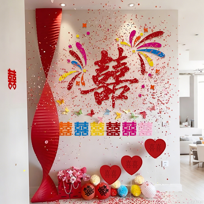 多巴胺喜字背景墙婚房布置套装客厅沙发婚礼装饰结婚专用囍字贴纸