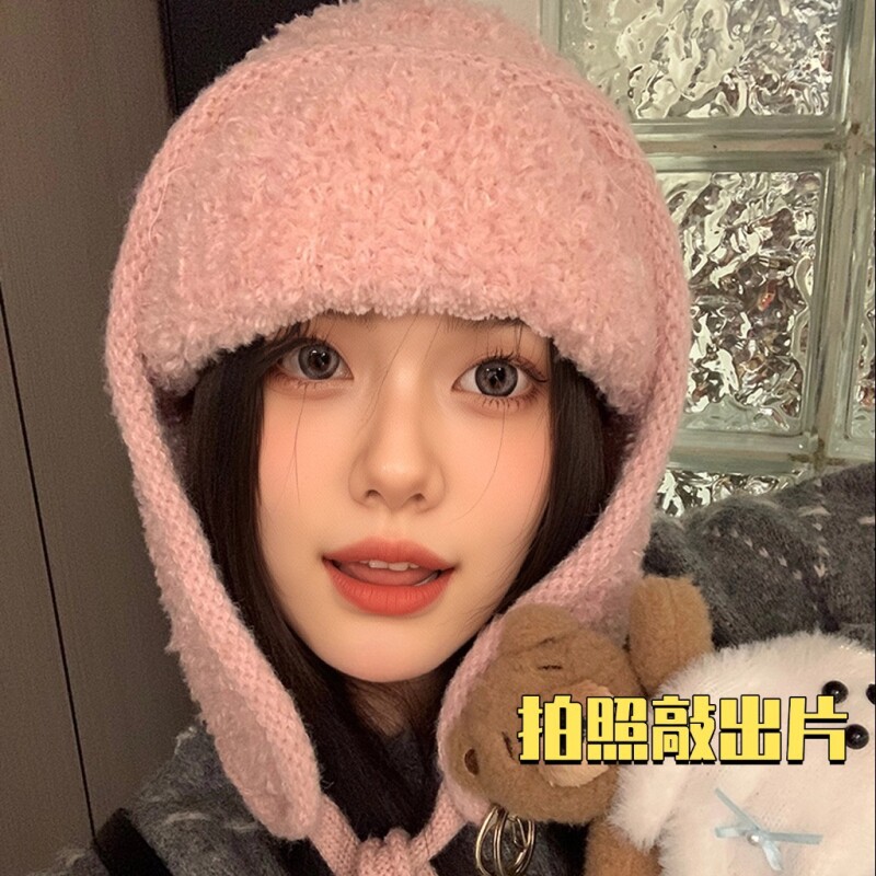 大头围毛绒飞行帽防风护耳雷锋帽红色保暖防寒大号大码针织毛线帽