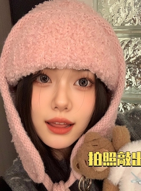 大头围毛绒飞行帽防风护耳雷锋帽红色保暖防寒大号大码针织毛线帽