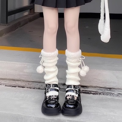 复古堆堆袜子女秋冬羊羔毛拼接针织袜套保暖显瘦堆堆小腿套袜毛球