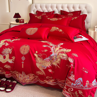 全棉高档婚庆四件套大红龙凤纯棉刺绣被套新婚嫁结婚床品喜被床单