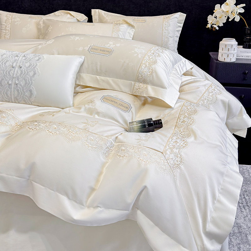 轻奢A类200支长绒棉全棉四件套贡缎提花纯棉刺绣被套床单床上用品