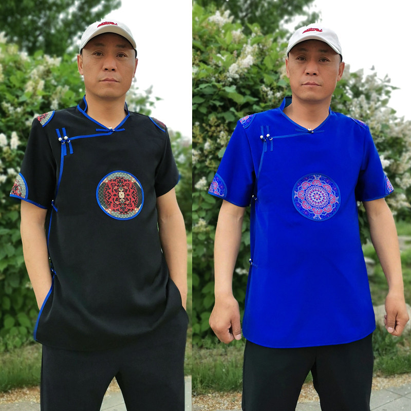 短款蒙古元素短袖男士夏装民族风蒙古服饰男新款休闲蒙古服日常装