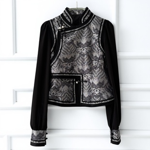 女士蒙古假两件马甲上衣盘扣提花修身短款演出舞蹈纱袖民族风外套