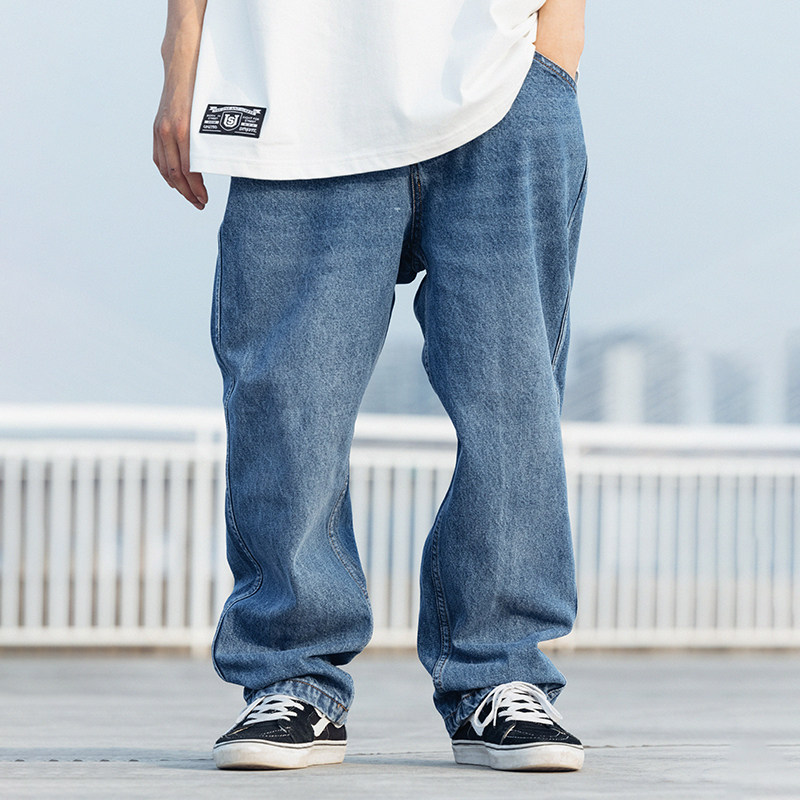 us联邦街牌三本针阔腿窄脚水洗牛仔裤bboy嘻哈练舞纯色街舞滑板