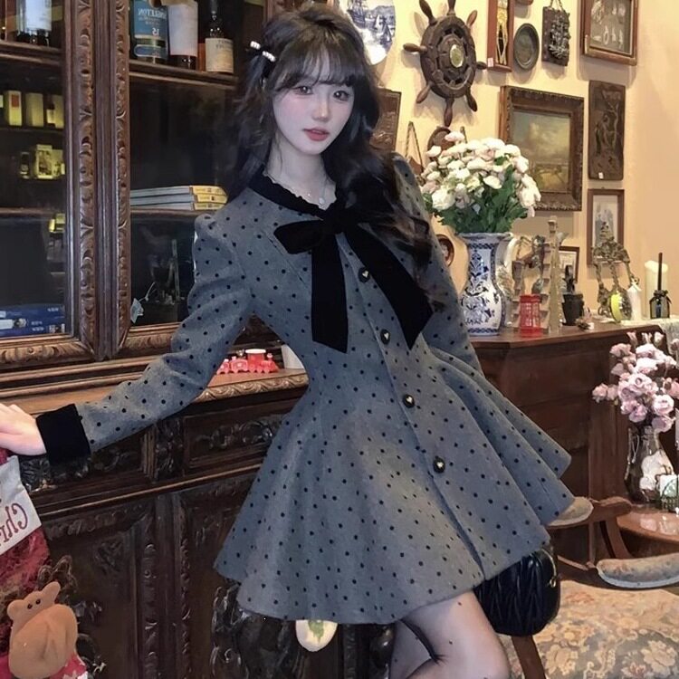 法式甜美蝴蝶结长袖连衣