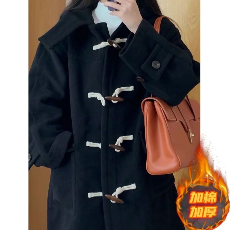 黑色牛角扣呢子大衣女2026新款秋冬季小个子高级感赫本风毛呢外套