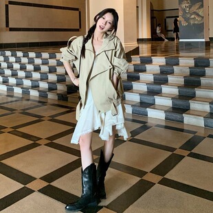 韩系宽松复古一整套立领长袖风衣外套女秋冬新款百搭连衣裙套装女