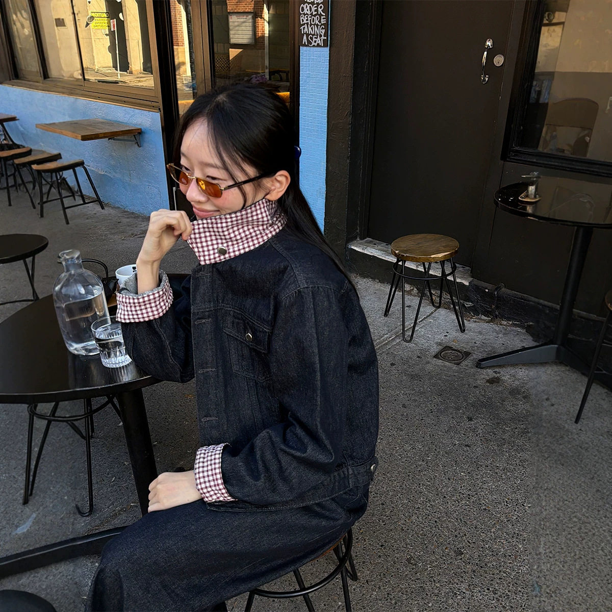 小个子天菜显瘦格纹牛仔短外套