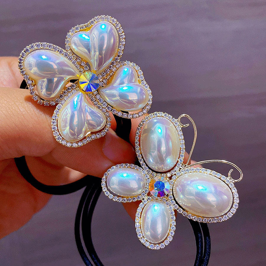 珍珠金色四叶草蝴蝶镶钻水晶发绳扎头发头绳女简约气质高级感皮筋