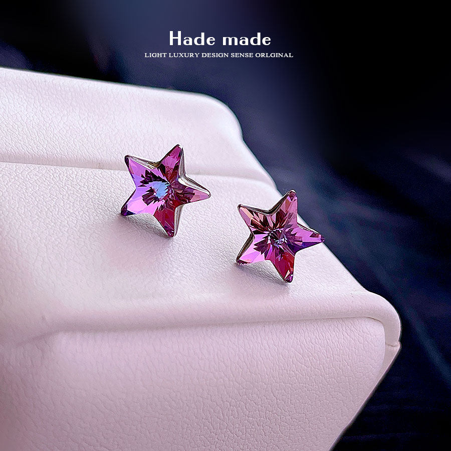 S家奥地利粉色水晶花基础款S925纯银针耳钉简约个性气质长款耳坠