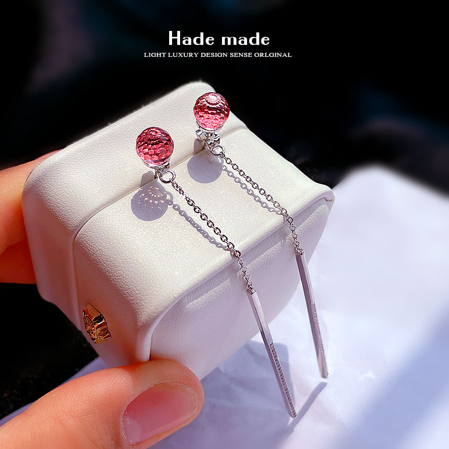 S家奥地利粉色水晶球基础款S925纯银针耳钉简约个性气质长款耳坠