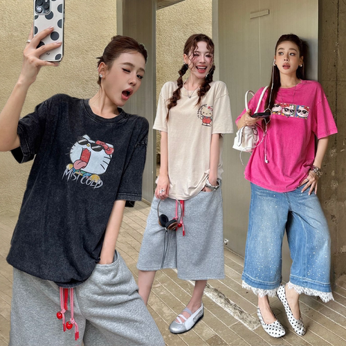宽松水洗烫钻恶搞Kitty短袖T恤