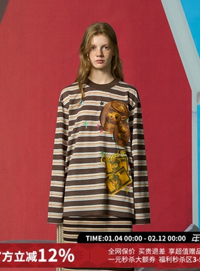 CHEERi UPi复古宽松马币马钞棕橙条纹长袖打底T恤女26春夏新款