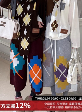 CHEERi UPi马赛克菱形格羊毛抽绳七分裤女26春夏新款