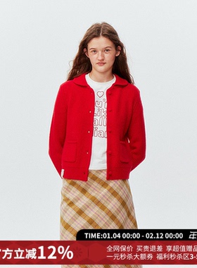 Ahhh美式百搭翻领短款长袖针织开衫毛衣女2026春季新款