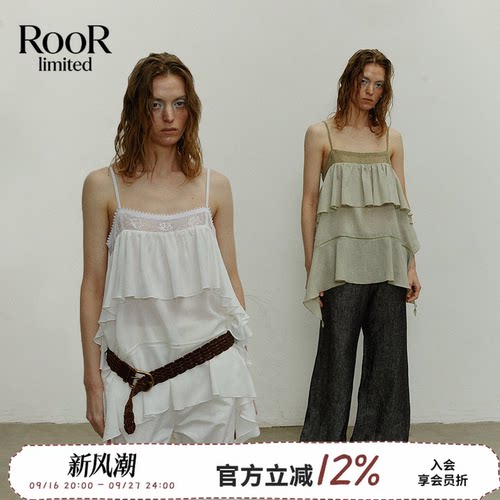 方圆层次荷叶边镂空蕾丝吊带夏季