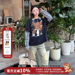 FORDARE福蝶假两件努力工作小熊涂鸦贴布T恤25秋新款