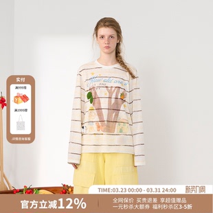 T恤26春夏新款 橘子树印花条纹长袖 UPi家边 CHEERi