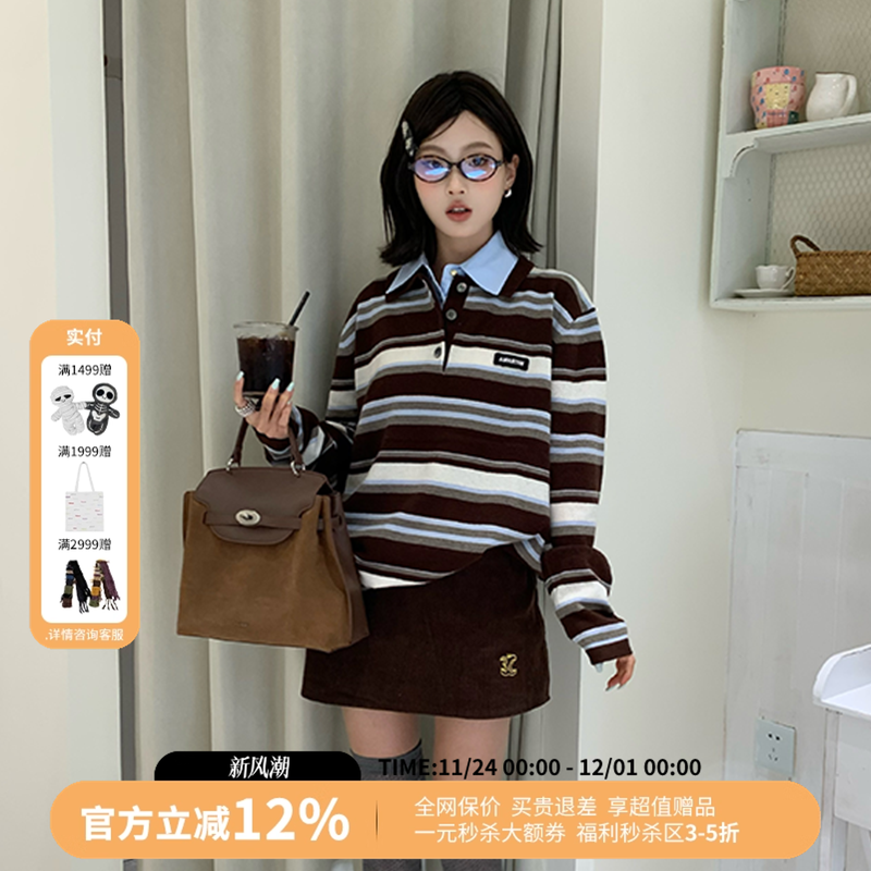 设计师品牌Andrea Martin休闲条纹针织套头POLO衫女25秋冬新款