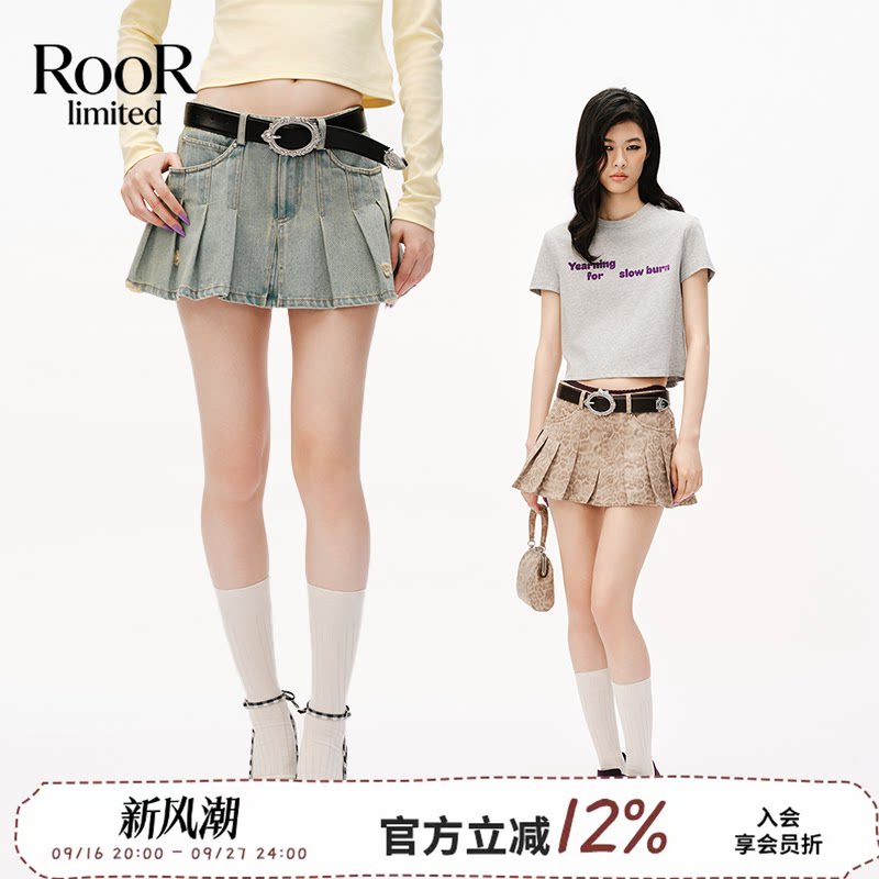 早秋新款工装牛仔百褶半身裙女