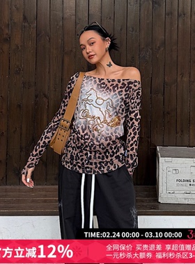 CHEERi UPi小马图案豹纹长袖一字肩T恤女26春夏新款