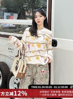 CHEERi UPi休闲宽松金年豹富印花圆领套头长袖T恤女26春夏新款