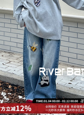 Andrea Martin休闲蓝色刺绣牛仔直筒裤长裤25秋新款