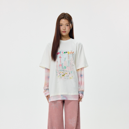 OooFYang休闲城市涂鸦假两件长袖T恤女26春夏新款