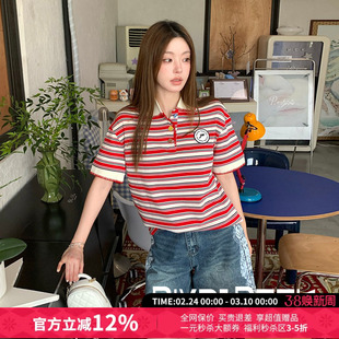 Aimme sparrow休闲百搭条纹Polo领短袖T恤25秋新款