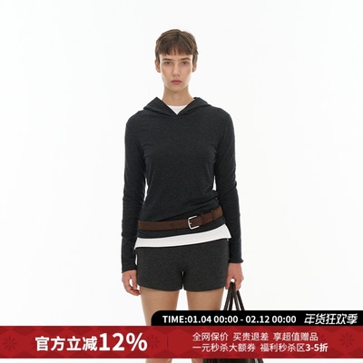 MAKE IF修身舒适收腰纽扣连帽长袖T恤女25秋冬新款