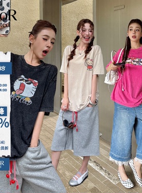 MIST COLD宽松水洗烫钻恶搞kitty印花短袖T恤女26夏季新款