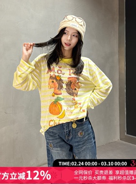 CHEERi UPi休闲圆领马到成功印花黄白条纹长袖T恤女26春夏新款