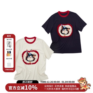 T恤25秋新款 ING休闲宽松手工贴布猫咪短袖 AID WARM