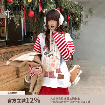 CHEERi UPi拍马屁印花红白条纹拼接圆领套头长袖T恤女26春夏新款