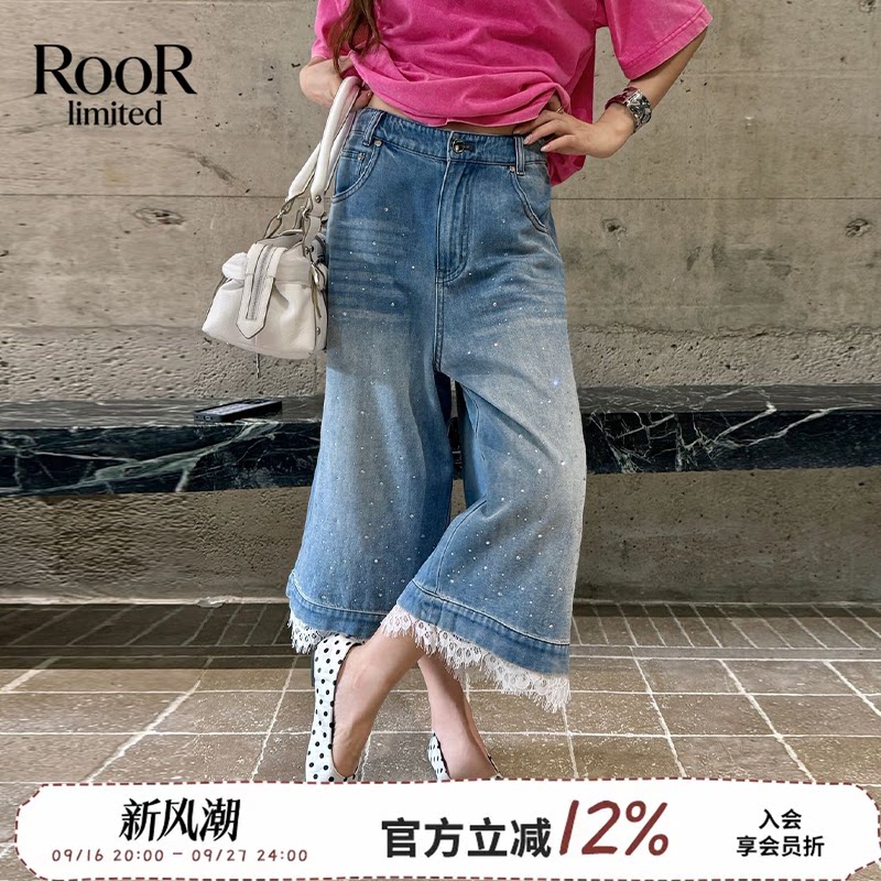 夏季水洗烫钻蕾丝裤脚女牛仔裤