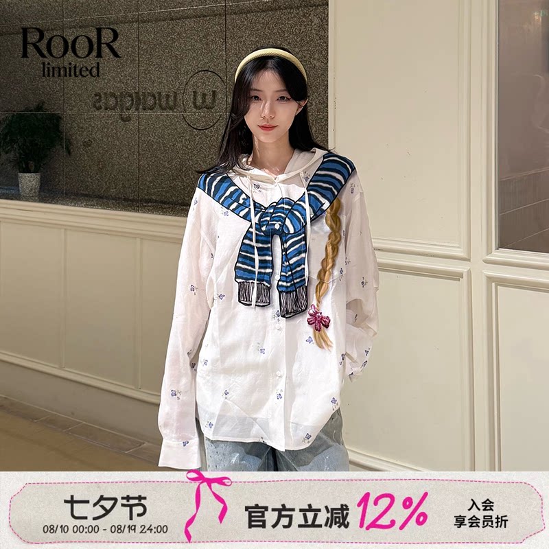 福蝶手绘绑结碎花连帽衬衫春夏