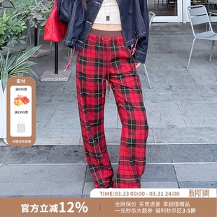 Herlian抽绳松紧腰黑红格纹弯刀休闲长裤 女25秋新款