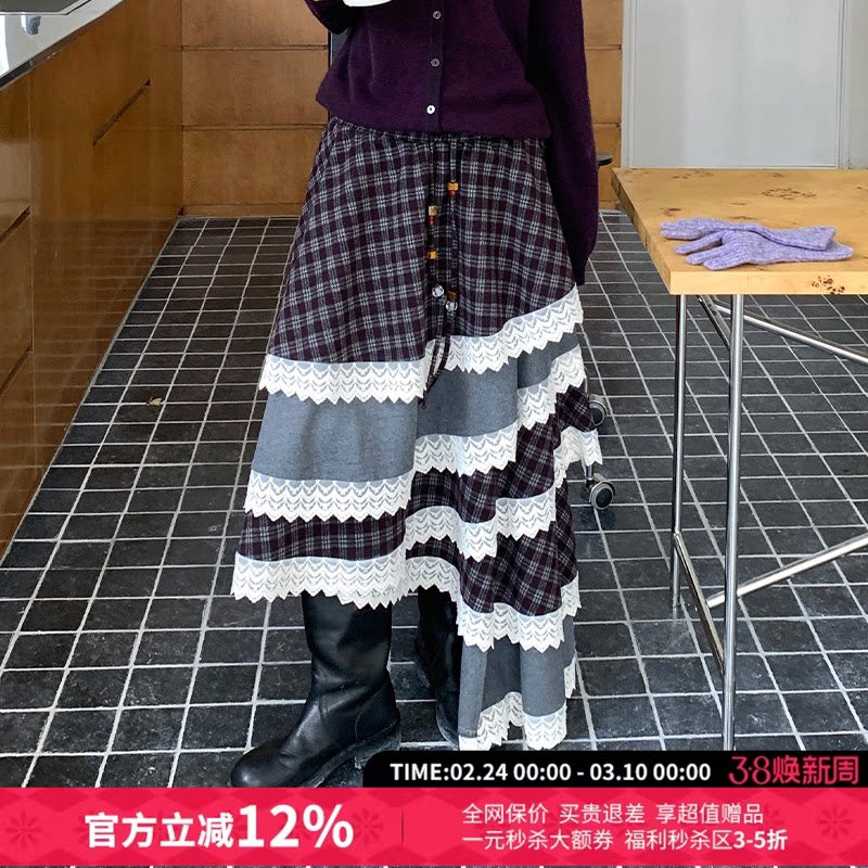 YANAG格子钢琴键不规则花边呢半身裙女26春夏新款