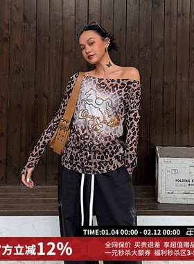 CHEERi UPi小马图案豹纹长袖一字肩T恤女26春夏新款