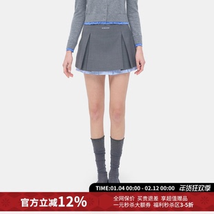 Herlian学院风格纹拼接下摆百褶半身裙女26春夏新款