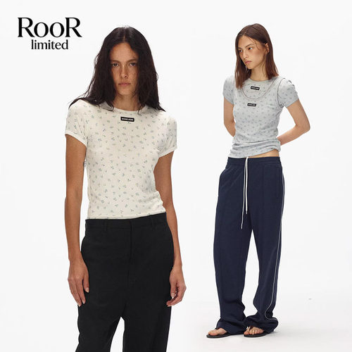 ECHOADE小圆领蕾丝碎花修身短袖