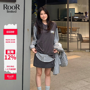 丿未PUREVENUS休闲宽松一串葡萄格纹拼接长袖T恤女26春夏新款