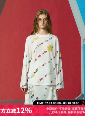 CHEERi UPi休闲纽扣斜条纹满印长袖T恤女26春夏新款