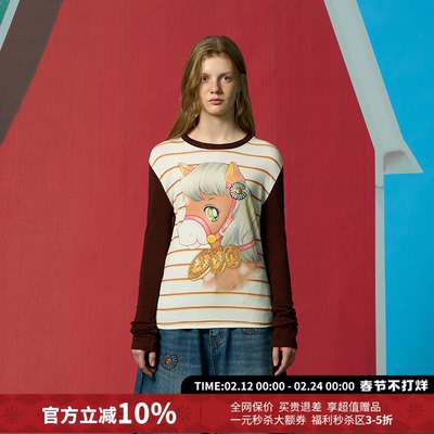 CHEERi UPi复古金马玉堂拼色修身打底长袖T恤女26春夏新款