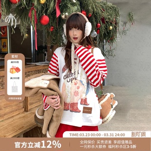 T恤女26春夏新款 CHEERi UPi拍马屁印花红白条纹拼接圆领套头长袖