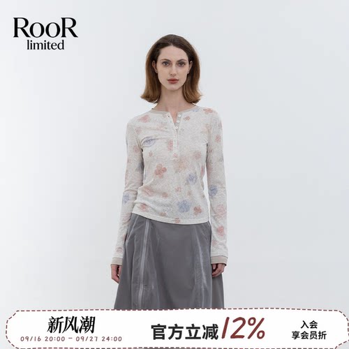 繁花拼接亨利领长袖打底T恤女