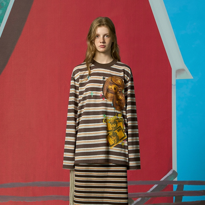 CHEERi UPi复古宽松马币马钞棕橙条纹长袖打底T恤女26春夏新款