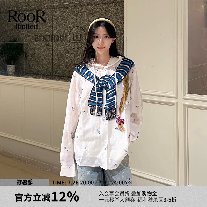 福蝶手绘绑结碎花连帽衬衫春夏